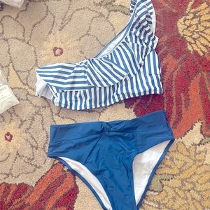 Blue striped ruffle one shoulder blue bikini